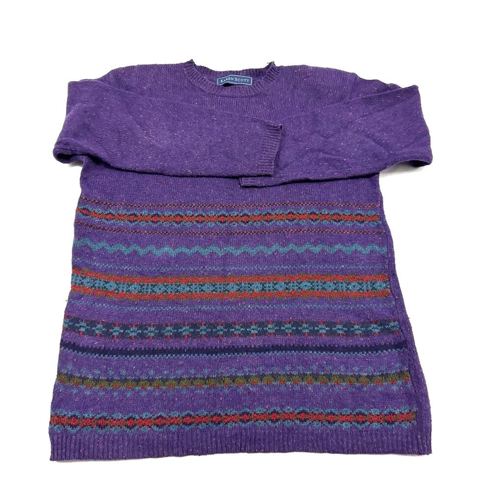 Vintage Fair Isle Nordic Sweater Wool Blend Size M Purple Hand Knit Karen Scott